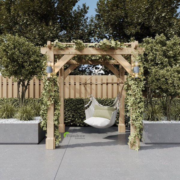 Compact oak pergola 2 m x 2 m with lush climbing plants on the trellis, creating a cozy garden retreat.