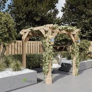 A 2 m x 2 m oak pergola with vibrant greenery growing atop the trellis, adding shade and natural beauty to the patio.