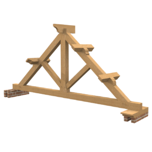 Fluted Oak King Post Truss. Image of a King Post Truss Oak Truss showcasing chunky and shaped oak vertical king post and two struts. A symbol of strength and architectural elegance. Explore Timber Solution's Oak Fluted King Post Truss, a testament to both structural integrity and refined craftsmanship. This truss combines traditional design with contemporary engineering, ensuring durability and elegance in your architectural endeavors. The Oak King Post Truss weighs 545 kg and has overall dimensions of 4.6m span and 2.2m height.