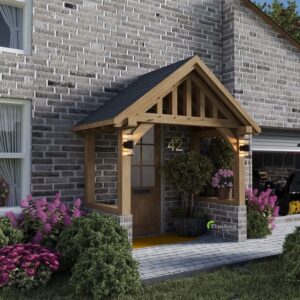 Image of oak porch with multiple struts and two curved front braces