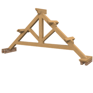 Timber Solution's King Post Truss: Crafted with precision, featuring a shaped king post and straight struts for superior stability and elegance. The Oak Raised Tie King Post Truss weighs 475 kg and has overall dimensions of 4.6m span and 2.2m height.
