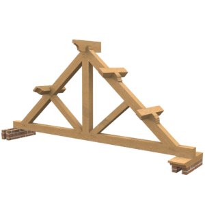 Image of a King Post Truss, showcasing its central vertical post and diagonal braces, representing a harmonious blend of aesthetics and robust construction in traditional oak framing.