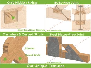 Oak trusses with concealed steel fasteners, showcasing seamless hidden joints