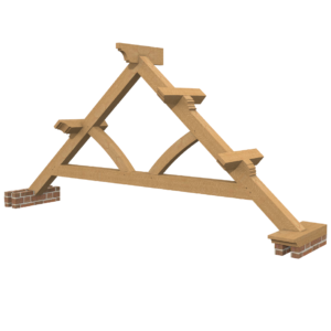 Image of a Raised Tie Queen Post Oak Truss with two curved struts, showcasing the perfect blend of structural integrity and elegant design.
