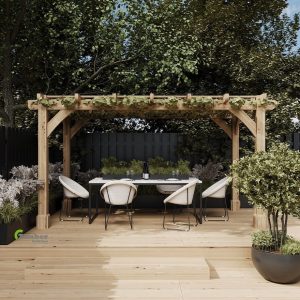A beautifully crafted 2 m x 4 m oak pergola with lattice sides, creating a shaded seating area in a small garden