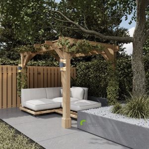 Beautifully crafted solid oak pergola with comfortable seating underneath, perfect for unwinding outdoors.