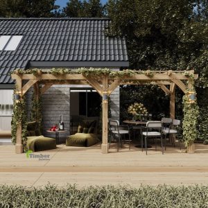 A durable green oak pergola kit featuring trellis for climbing plants and outdoor elegance.