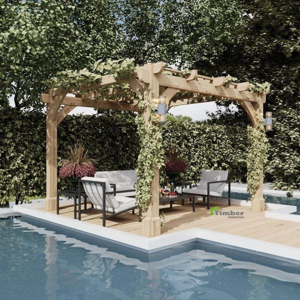 A beautifully crafted oak pergola with posts secured on a stable foundation to prevent moisture damage