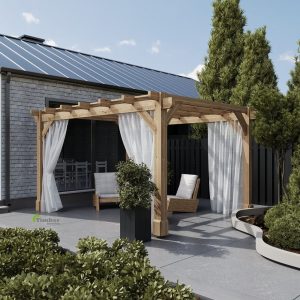 Close-up of oak pergola beams showcasing natural durability and weather resistanc