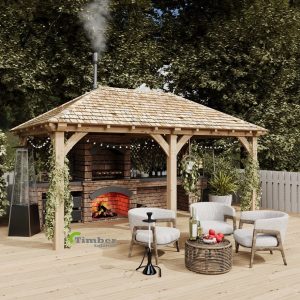 Premium quality 3 x 5 meter oak gazebo featuring two open bays, perfect for outdoor relaxation