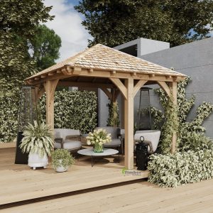 Spacious oak hipped gazebo designed without corner posts, offering a seamless and comfortable entry