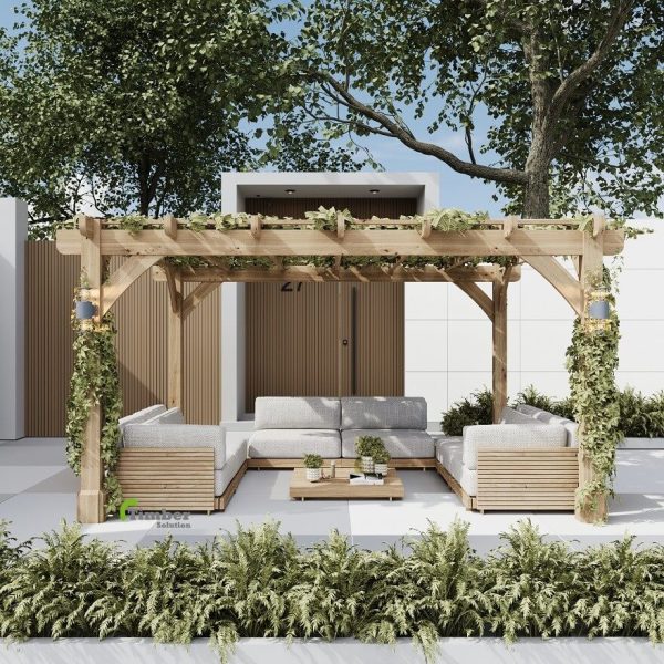 Timber Solution oak framed pergola delivery cost details based on distance and structure size.