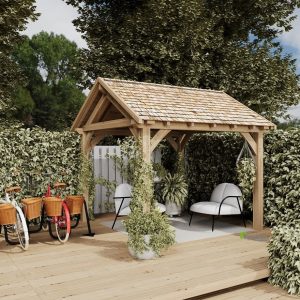 Stylish oak pavilion with a sloped gable roof, offering shelter and enhancing outdoor entertainment area