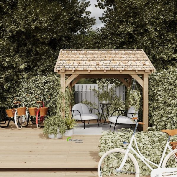 Oak pavilion with a gable roof providing an elegant outdoor space for gatherings and relaxation