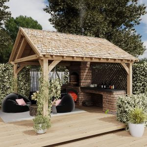 Oak pavilion kit with pre-cut beams and hardware for easy assembly