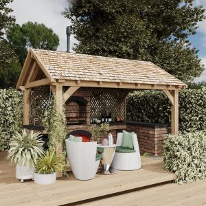 Outdoor oak pavilion featuring a gable roof with a timeless triangular shape and durable oak construction