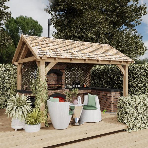 Outdoor oak pavilion featuring a gable roof with a timeless triangular shape and durable oak construction