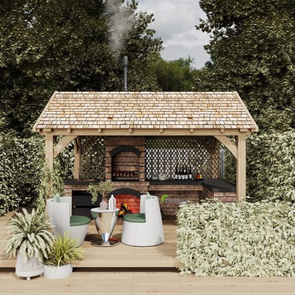 Oak pavilion with a gable roof, showcasing a classic triangular design with two sloping sides