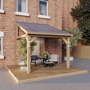 Elegant oak lean-to gazebo with a sloped roof attached to a house, creating a seamless transition between indoor and outdoor spaces
