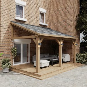 Bespoke oak framed veranda with a slate roof, offering year-round durability and charm.