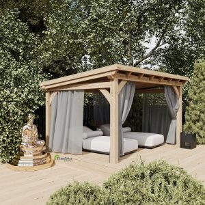 Close-up of a pent roof oak gazebo featuring visible T&G boards and durable EPDM roofin
