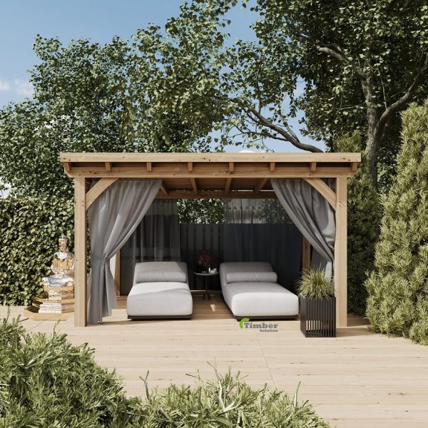 A pent roof oak gazebo with a modern single-sloped design and exposed oak rafte