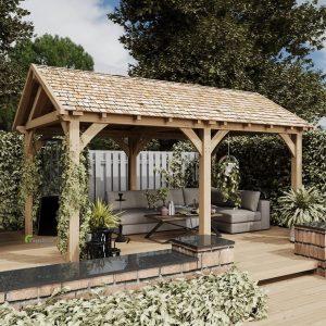 Oak pavilion gable wall with a triangular A-frame roof structure and glass elements