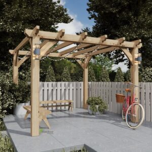 Open oak garden pergola with climbing plants, providing partial shade in gardens