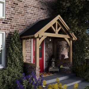 Exterior view of Oak Porch Musk Beetle with central king post and two straight struts, showcasing sturdy oak craftsmanship