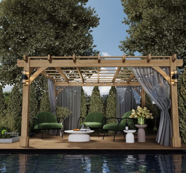 Pergola with oak frame and garden furniture