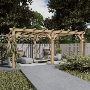 Outdoor space featuring an Oak Pergola with comfortable seating