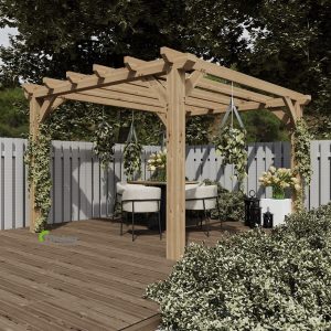 Sturdy oak pergola offering shade in backyard