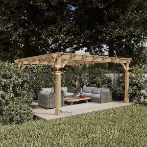 Oak pergola kit 4 x 4.5 m displayed outdoors with lush greenery in the background