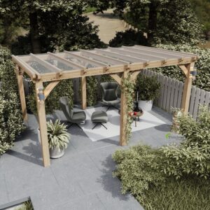 Solid oak pergola with transparent polycarbonate roof