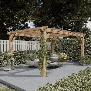 Oak pergola kit in packaging, ideal for easy DIY installation