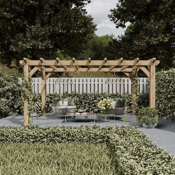 DIY oak pergola kit displayed outdoors, ready for assembly