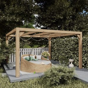 Modern oak pergola kit in a garden setting