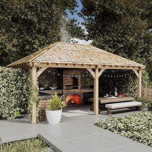 Spacious 4x6 meter oak gazebo with labeled parts for easy installation, ideal for outdoor gatherings and dining.