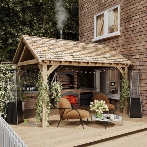 Oak garden pavilion with a gable roof and customizable truss styles