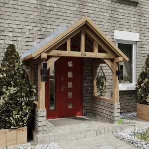 Exterior of Oak Porch Minotaur Beetle showcasing oak construction with central curved tie beam and three struts