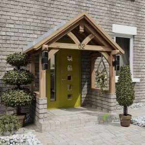 oak porch featuring a front curved tie beam and gracefully curved braces, showcasing sturdy craftsmanship and timeless design