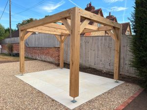 Bespoke modern oak pergola with a contemporary solid timber frame