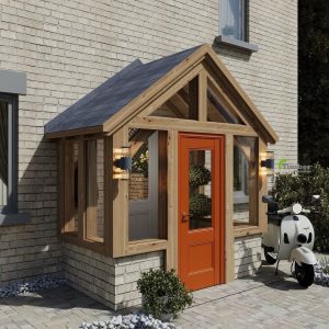 Charming encapsulated oak porch with large windows and wooden structure, providing a cozy retreat