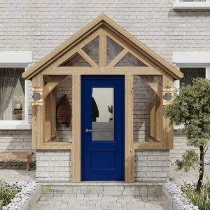 Stylish boot room with oak structure, featuring organized storage for outdoor gear and pet supplies.