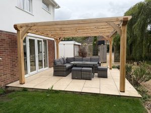 Free-standing oak pergola with traditional solid timber frame