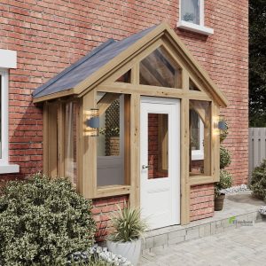 Beautiful enclosed oak porch providing extra living space and protection from harsh weather.
