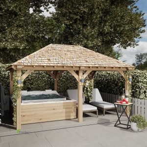 Stylish oak gazebo with featheredge board walls offering a rustic, cozy outdoor space