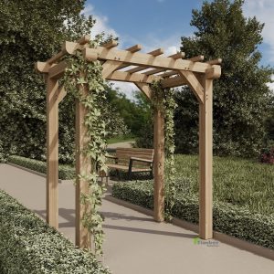 Elegant oak garden arbour with integrated seating and latticework for climbing plants.