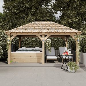 Oak gazebo with louvre side panels for privacy and ventilation in a garden setting