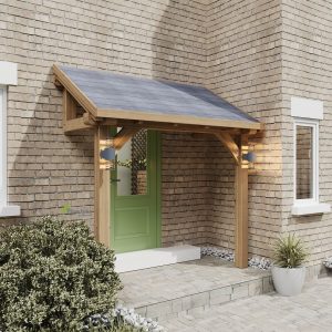 Oak lean-to porch attached to a home, creating a seamless transition between indoor and outdoor spaces.